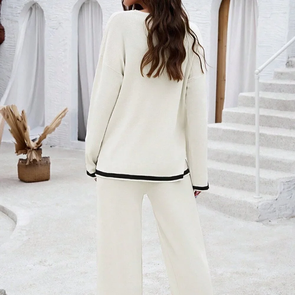 White Casual Women's Daily Color Block Sweater Set